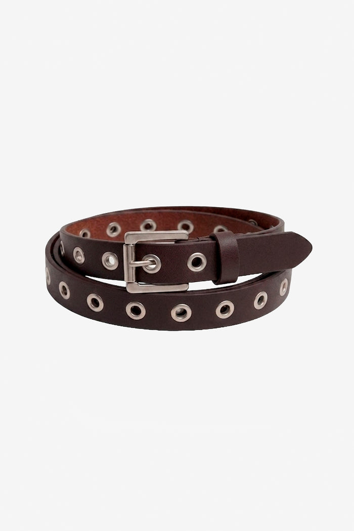 EYELETS SLIM LEATHER BELT BROWN
