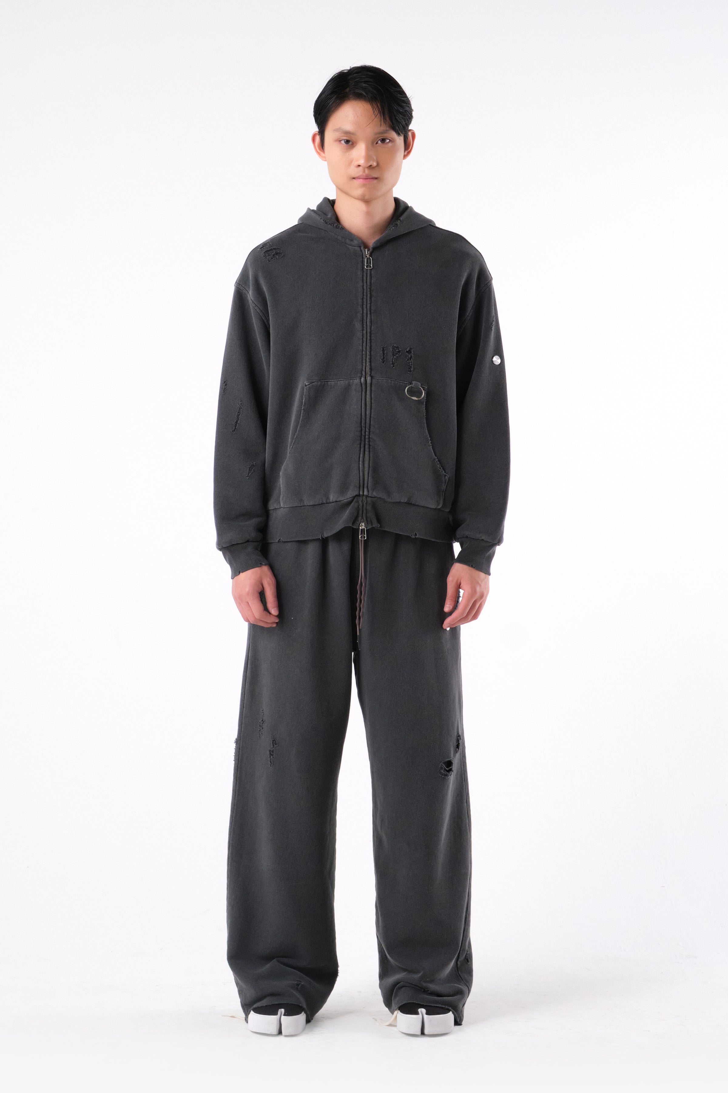 RIPPED ZIP HOODIE STONE GREY