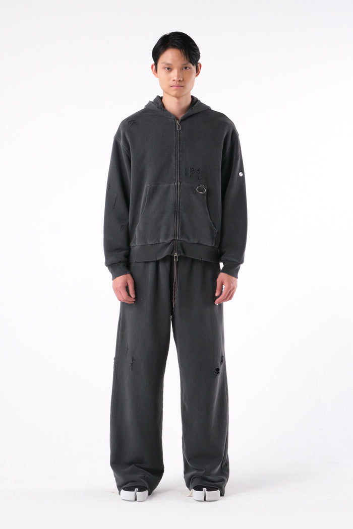 RIPPED ZIP HOODIE STONE GREY