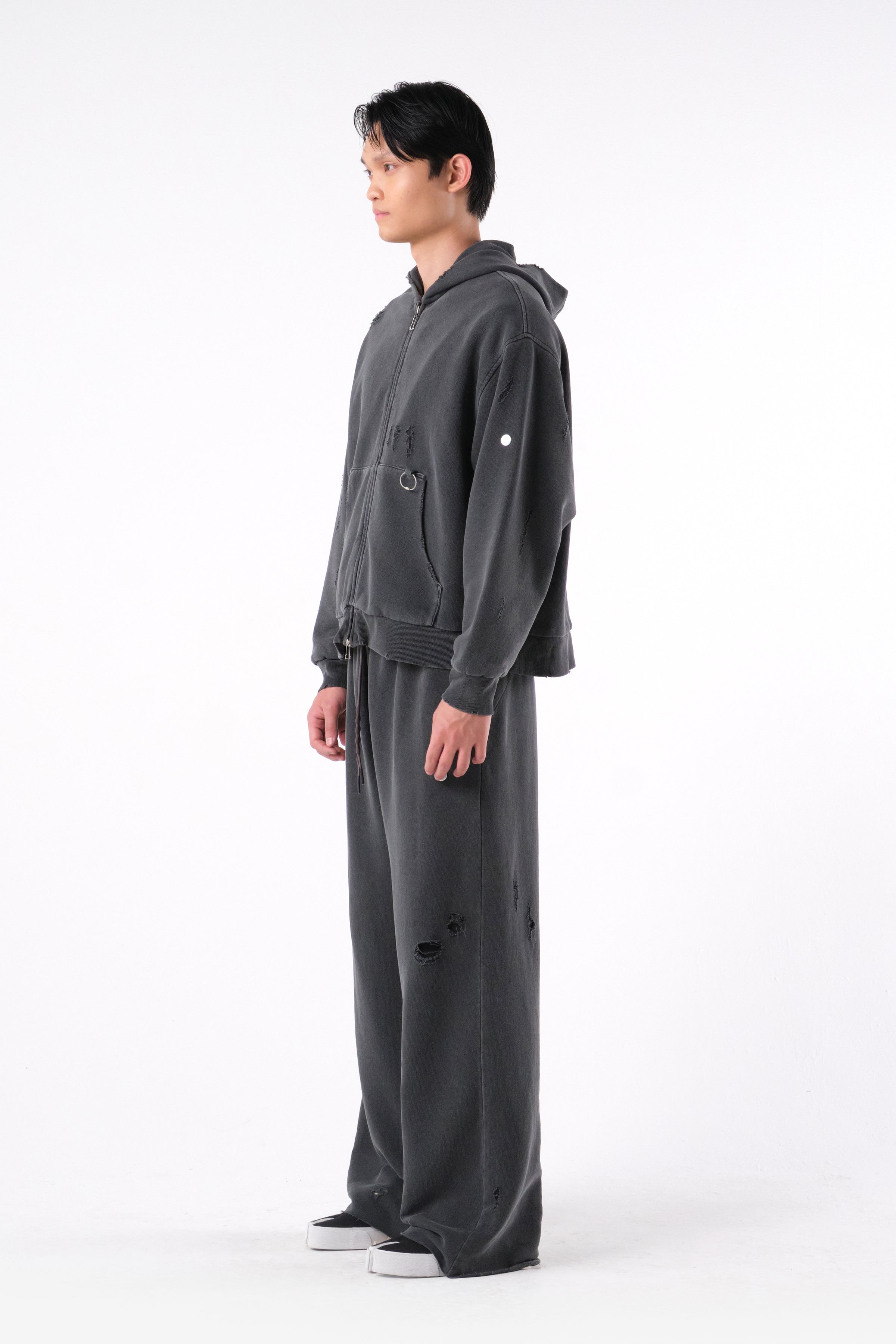 RIPPED ZIP HOODIE STONE GREY