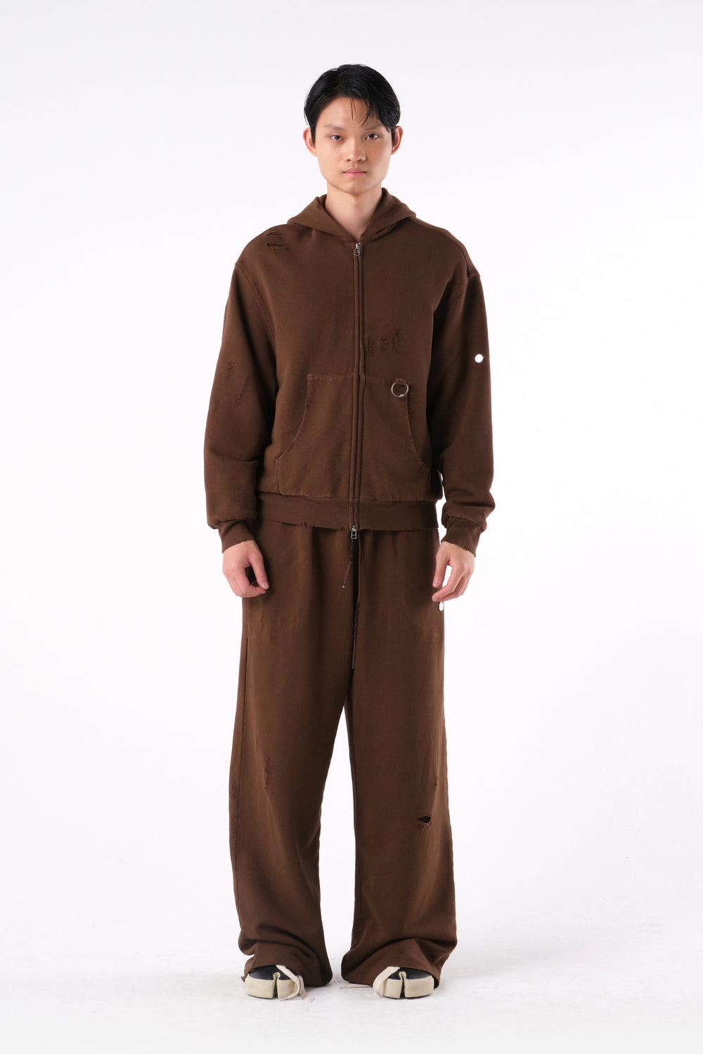 RIPPED ZIP HOODIE STONE BROWN