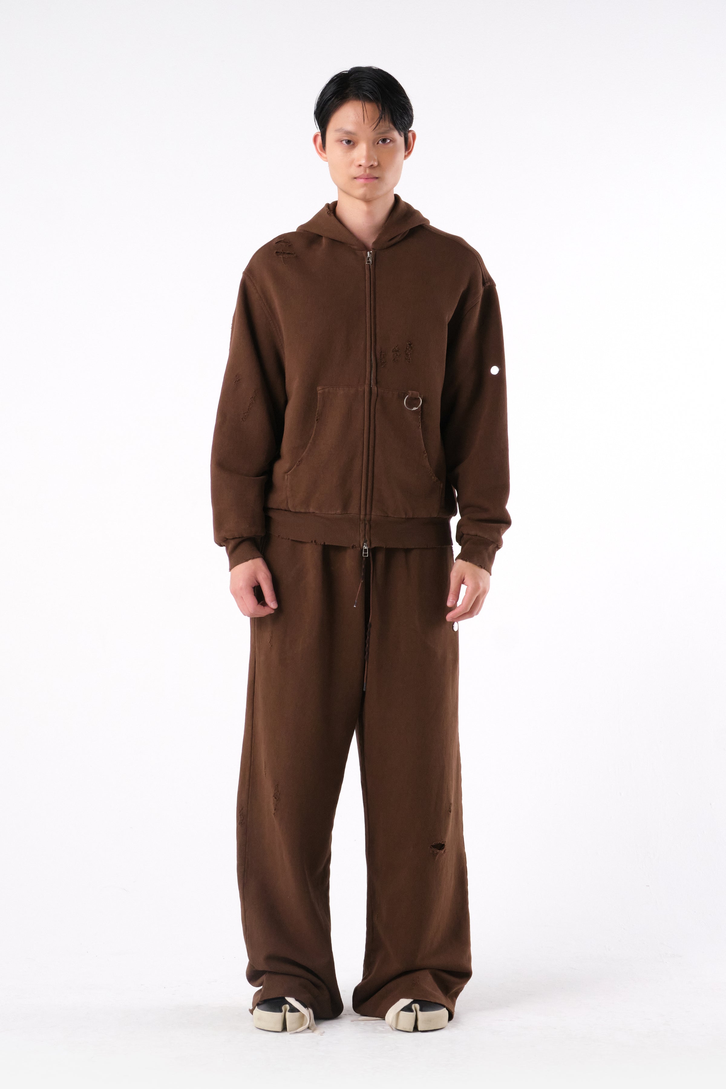 RIPPED ZIP HOODIE STONE BROWN