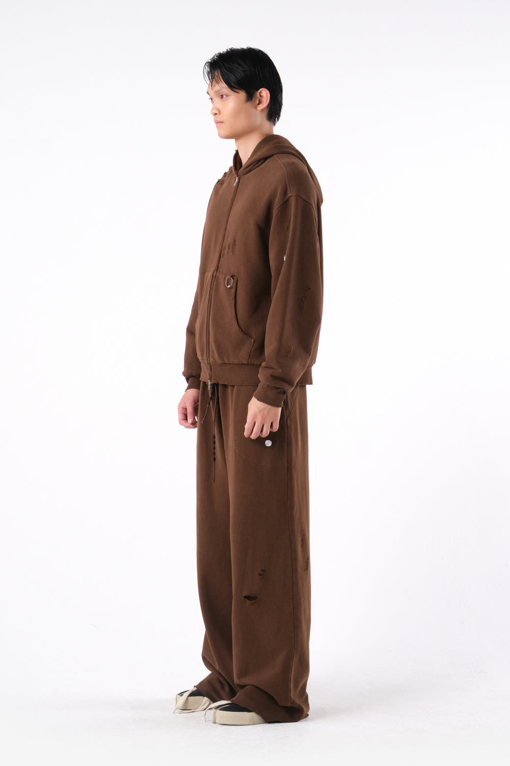 RIPPED ZIP HOODIE STONE BROWN