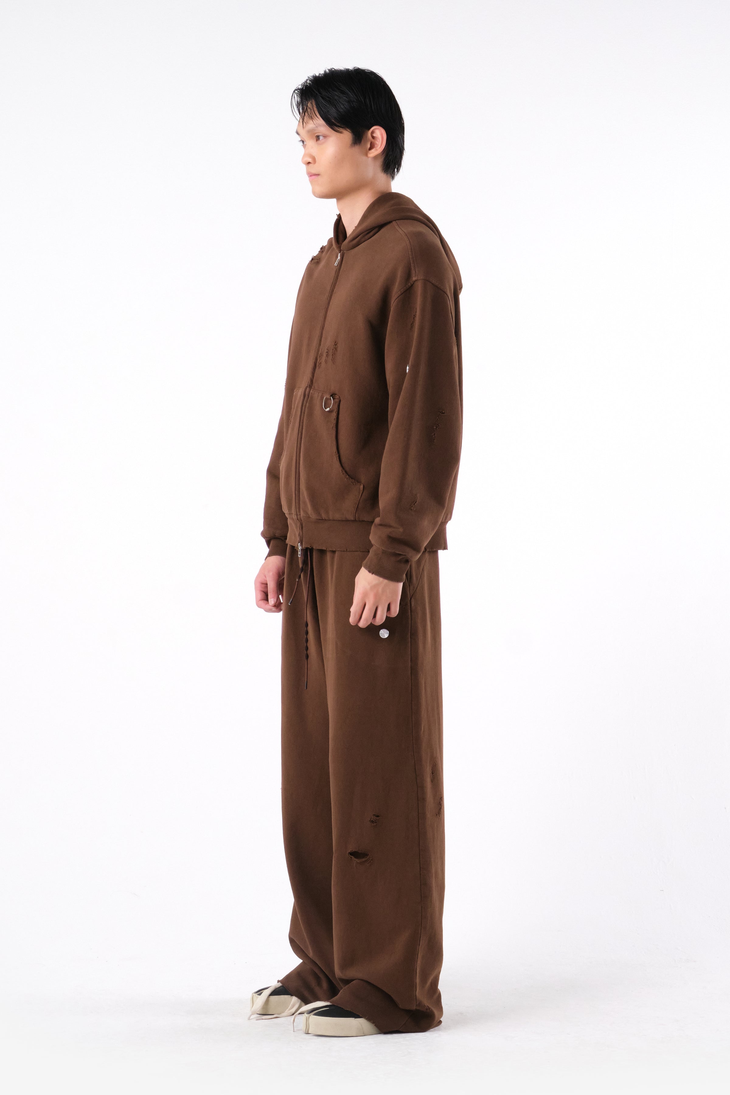 RIPPED ZIP HOODIE STONE BROWN