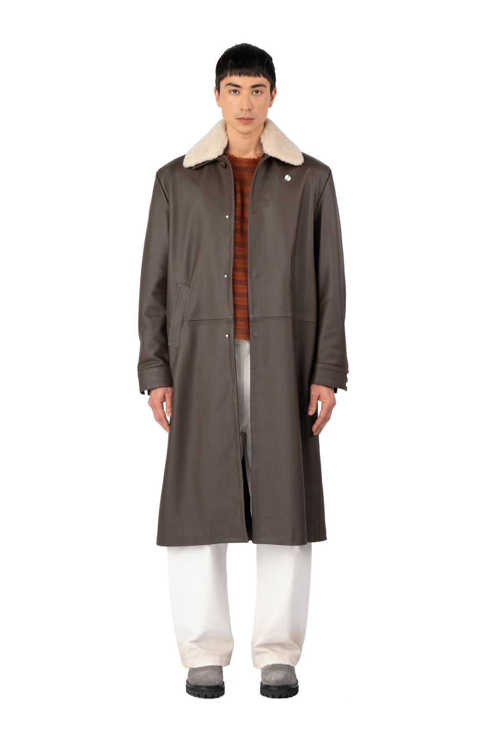 TOBI LEATHER LONG COAT BROWN