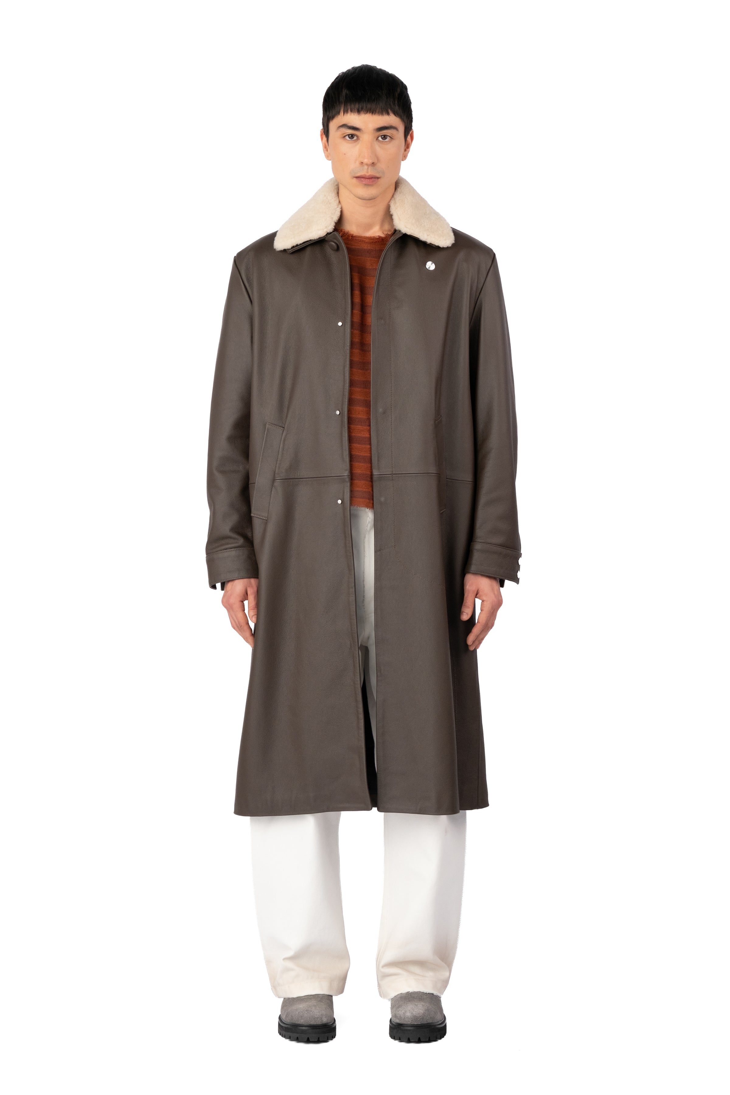 TOBI LEATHER LONG COAT BROWN