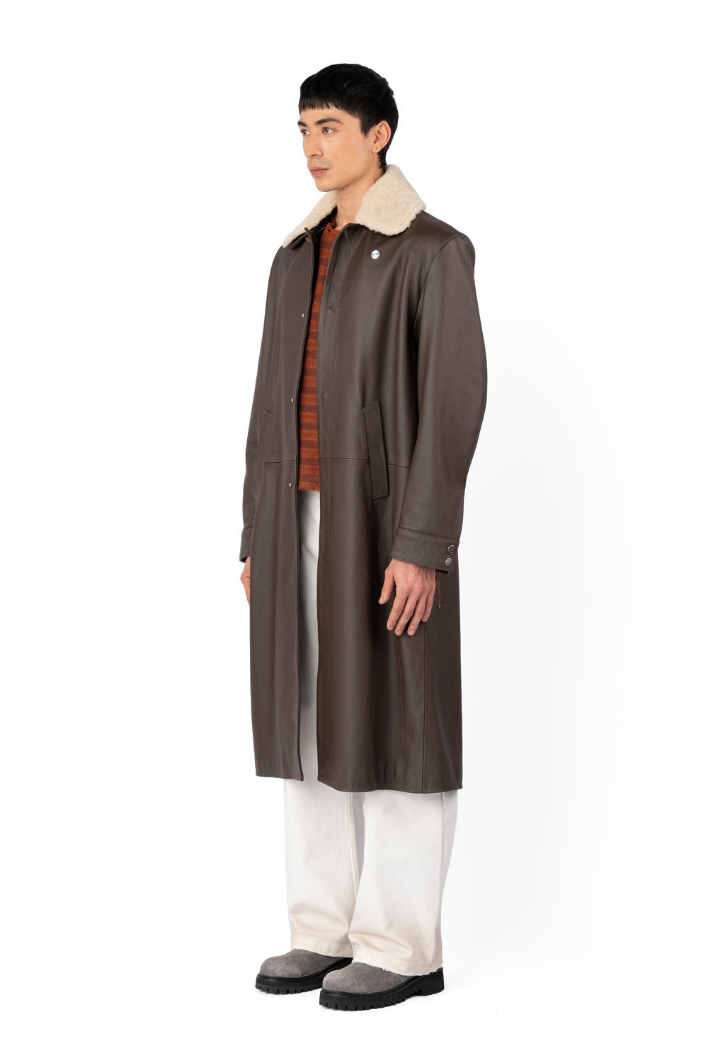 TOBI LEATHER LONG COAT BROWN
