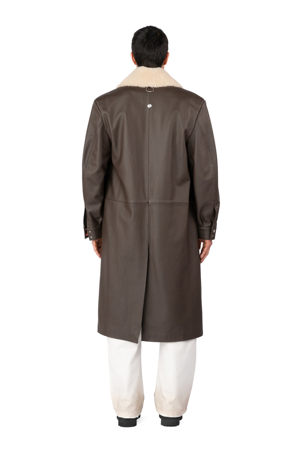 TOBI LEATHER LONG COAT BROWN