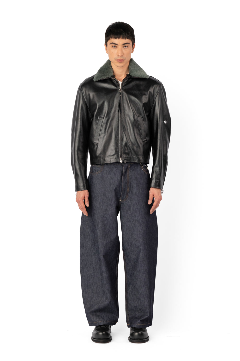 TOBI LEATHER JACKET BLACK / GREEN FUR