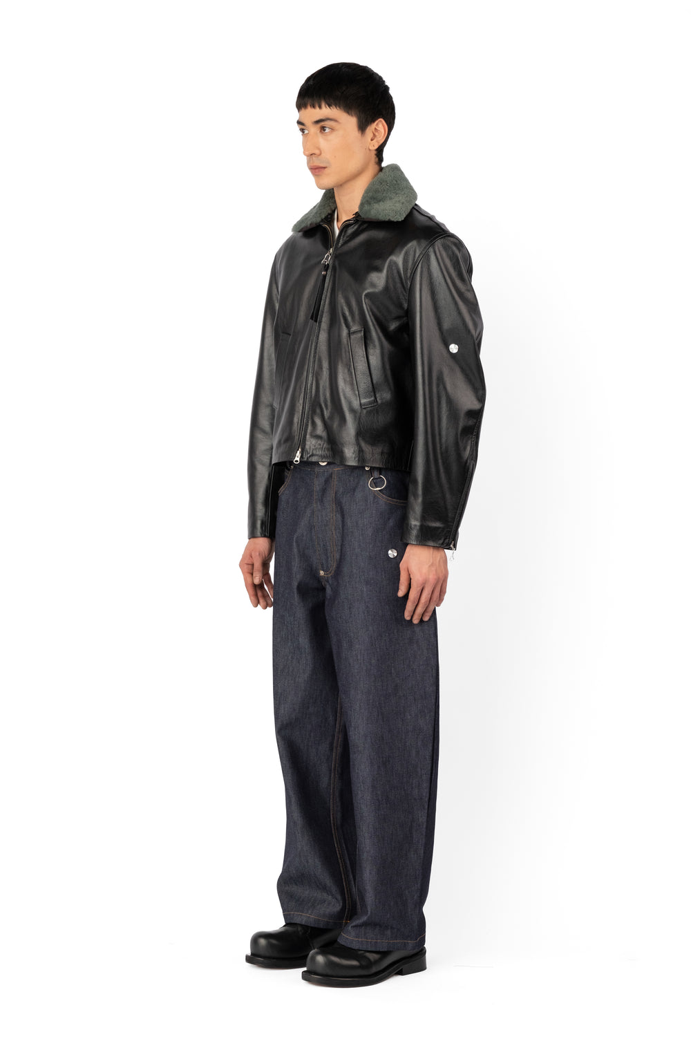 TOBI LEATHER JACKET BLACK / GREEN FUR