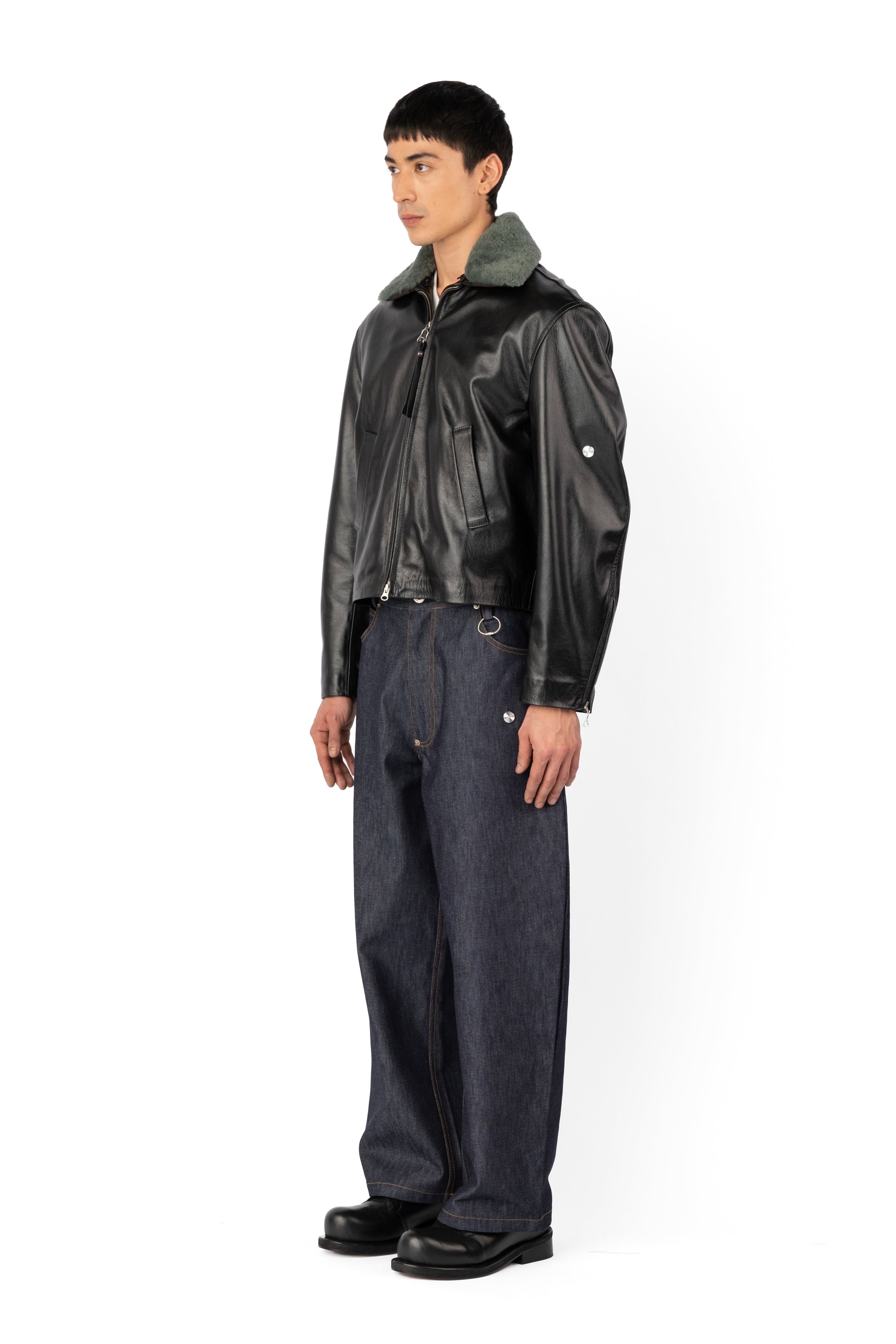 TOBI LEATHER JACKET BLACK / GREEN FUR